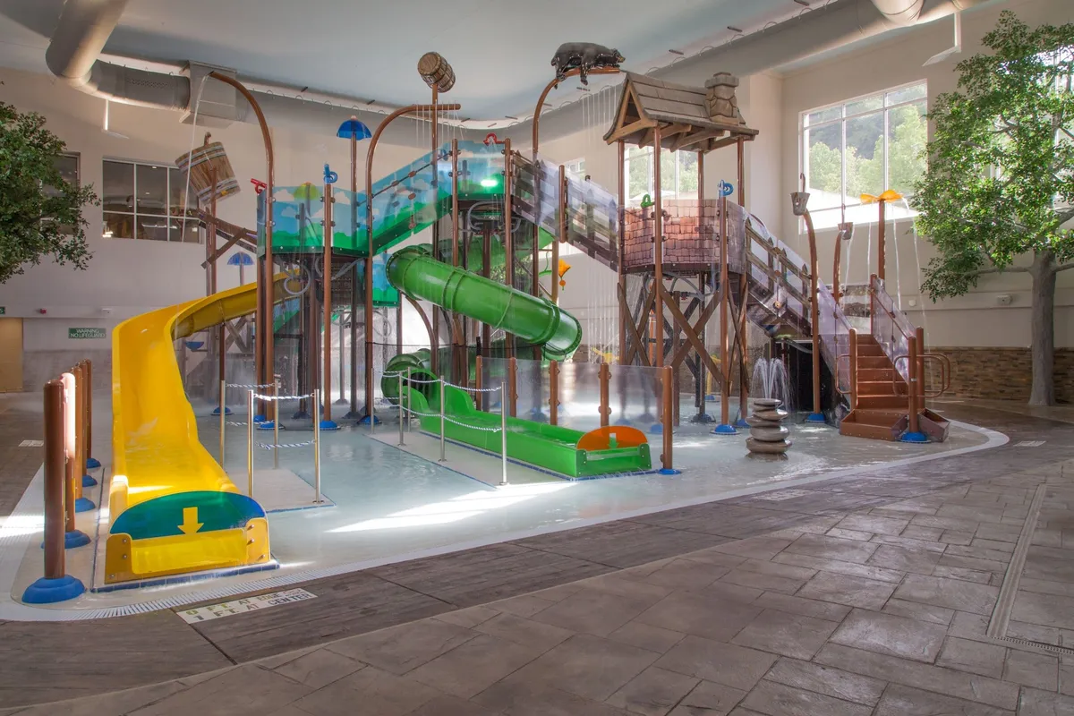 A vibrant indoor water park scene featuring colorful water slides, a wading pool, interactive play structures, playful fountains, and decorative greenery. Children and families are actively engaged in water activities, laughter, and socializing, creating a joyful, adventurous atmosphere.